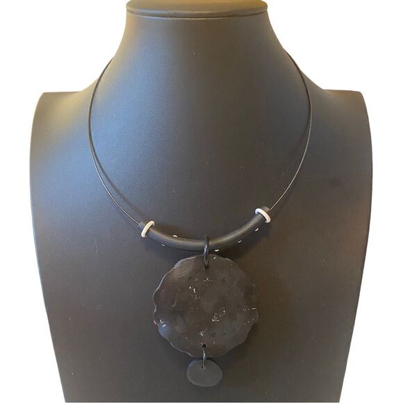 Stylish, Lightweight, Red, Black & White Circular Pendant Necklace on Black Wire - Picture 4 of 6